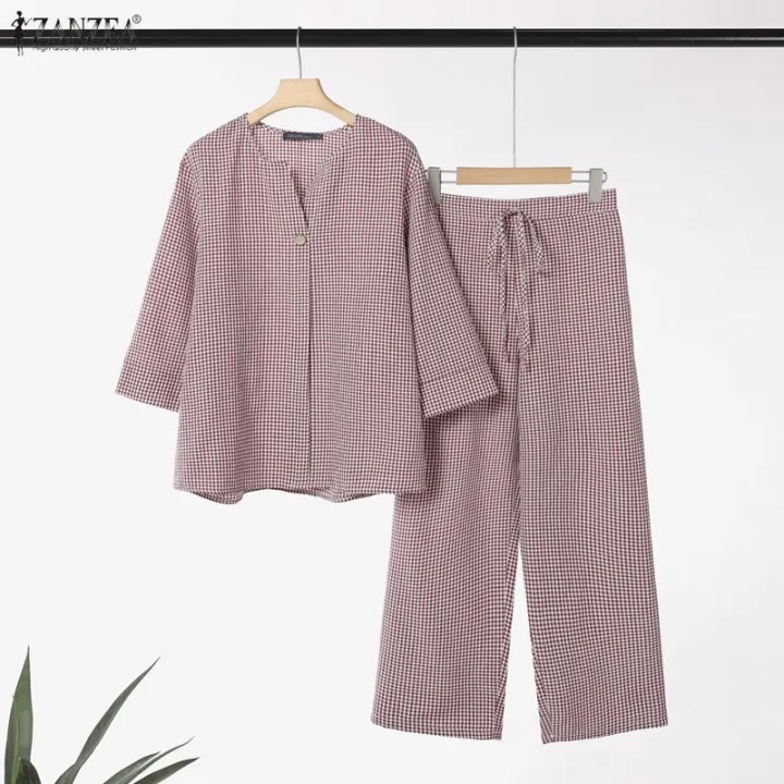 Celmia%20ZANZEA%20Women%20Two-piece%20Outfits%20Retro%203/4%20Sleeve%20Loose%20Top%20Elastic%20Waist%20Trousers%20Grid%20Printed%20Sets%20#1208%20-%20Image%205