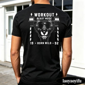 [Local Stock] HBESTY  Workout Beast Mode On Summer Men Cotton T-shirt Muscular Gorilla Barbell Born Wild Retro Graphic Casual Short Sleeve Wear