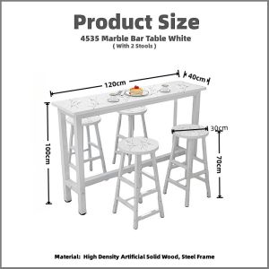 Johor Seller | 120x40x100cm Nordic Marble Simple Wooden Bar Table with Steel Frame & 2 Units High Bar Stool Set