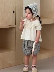 Baby clothes summer thin style Korean-style childrens clothing 2026 Childrens Summer Outfit Girls Short-Sleeve Doll Shirt and Striped Pants Set