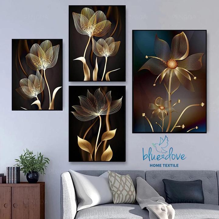 Abstract Black Golden Flower Luxury Poster Nordic Plant Leaf Canvas ...