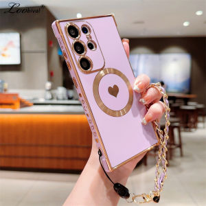 Cartoon Love Heart Wrist Chain Case for Samsung Galaxy S25 S24 Ultra S22 Plus S23 S21 S20 FE Magnetic Bracelet Plating Cover