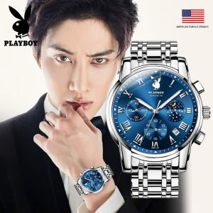 PLAYBOY Luxury Chronograph Watch for Men Original Waterproof Gift ideas for Men Fashion Stainless Steel Multifunctional Quartz Business Watch Calendar Luminous Display