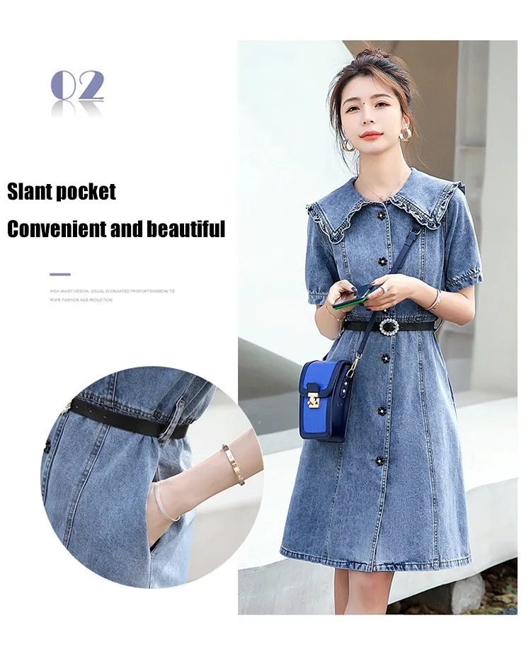 Denim Dress Women Short Sleeve Mid Length Dress Ruffle Lapel