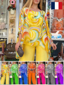 Ladies Colorful Printed Round Neck Chiffon Suit Casual Fashion Chiffon Suit
