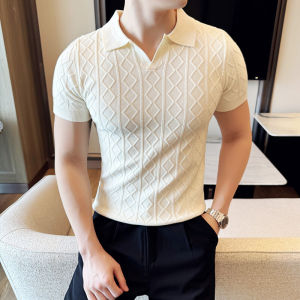 2026 Spring Summer New Mens Polo Collar Slim Fit Jacquard Knit Sweater - Stylish Base Layer in Beige Brown Gray & Black