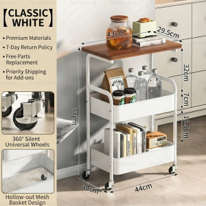 3-Tier Rolling Utility Cart with Drawer & Wood Top – Lockable Wheels Metal Storage Organizer for Kitchen Office Bathroom Dorm Small Spaces