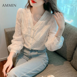 AMMIN ผู้หญิงสไตล์เกาหลีแขนยาวคอวีปักเสื้อลูกไม้ฤดูใบไม้ร่วงแฟชั่นใหม่สลิมฟิตทุกการแข่งขันพัฟแขนลูกไม้ชีฟองด้านบน