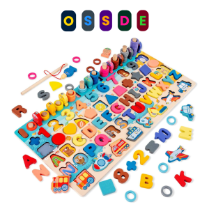 OSSDE 7 in 1Wooden Number Puzzle Sorting Montessori Toys for Toddlers-Shape Sorter Counting Game