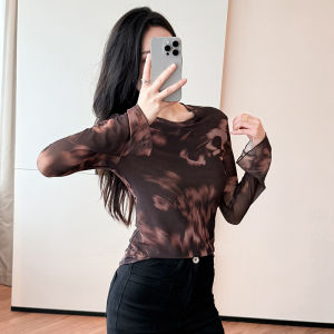 YIMEI Early Autumn Retro Micro Transparent Atmosphere Mesh Bottom T-shirt Shirt Womens Trumpet Sleeve Round Neck Top