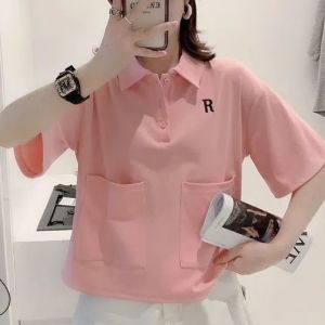 Cotton Short-sleeved Loose Short T-shirt Womens Polo Collar Pocket Solid Color Top 2022 New Summer All-match Korean Style