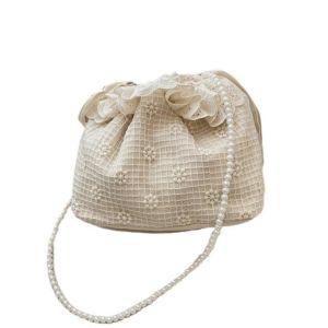 HEFEI Printing Drawstring Lace Flower Bag Pearls Chain Korean Style Bundle Pocket Lightweight Cloth Bundle Bucket Handbag Women