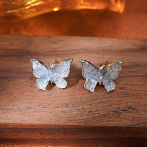 Fashionable Ring Gift 莫兰迪蓝色渐变水晶蝴蝶耳钉女设计感小众复古个性百搭耳环耳饰