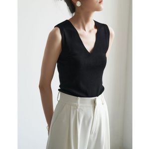 Fashion V-neck Ice Silk Knitted Tank Top Women Casual Solid Sleeveless Top
