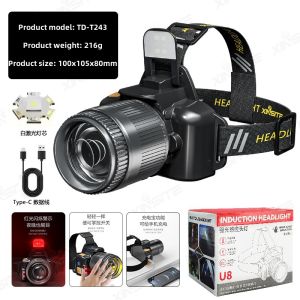 Zoomable Headlight Flashlight 1000m Headlamp Rechargeable Induction Flashlight Waterproof Emergency