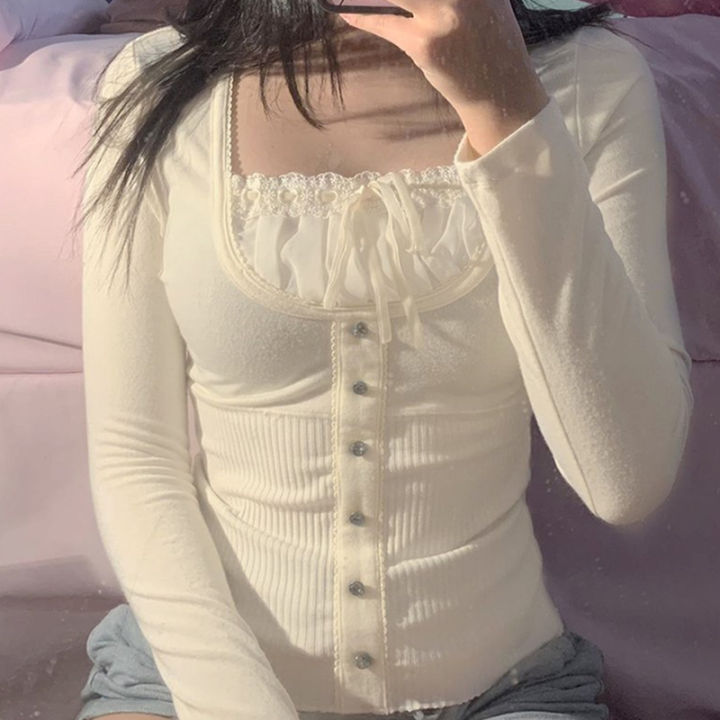 Y2K Sweet Cute Crop Top Lace Frill Bow Pullovers Vintage Square - Main Image