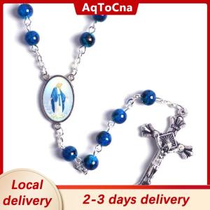 [COD] AqToCna Ship within 24 hours Catholic Rosary Small Size Round Blue Glass Beads Virgin Mary  Necklace