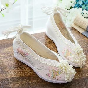 ZEEMIN 2024 Womens Chinese Ethnic Style Retro Embroidered Shoes Thick Sole Wedges Beaded Lace up Hanfu Shoes Chinese Wedding Shoes