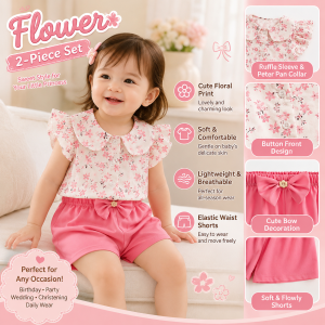 AILEBE Kids Sets Terno For Baby Girls Flower Print Short Sleeve 2 Pieces Suit Casual Fashion Fabric Summer All Season Birthday Party Wedding Christening Outfit Kids Baby Girls Clothing