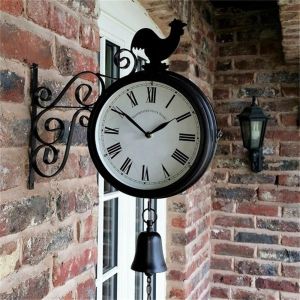 PDG Garden Home Decor Vintage erel Pattern Outside Metal Clock Double sided Bracket Double Sided Wall Clock Wall Station Clock