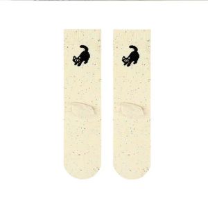 3Pairs Vintage Cats and Fish Tube Socks Cute Colorful Cartoon Kitty Fish Dot Pattern Mid-Tube Socks Soft Breathable Crew Sock