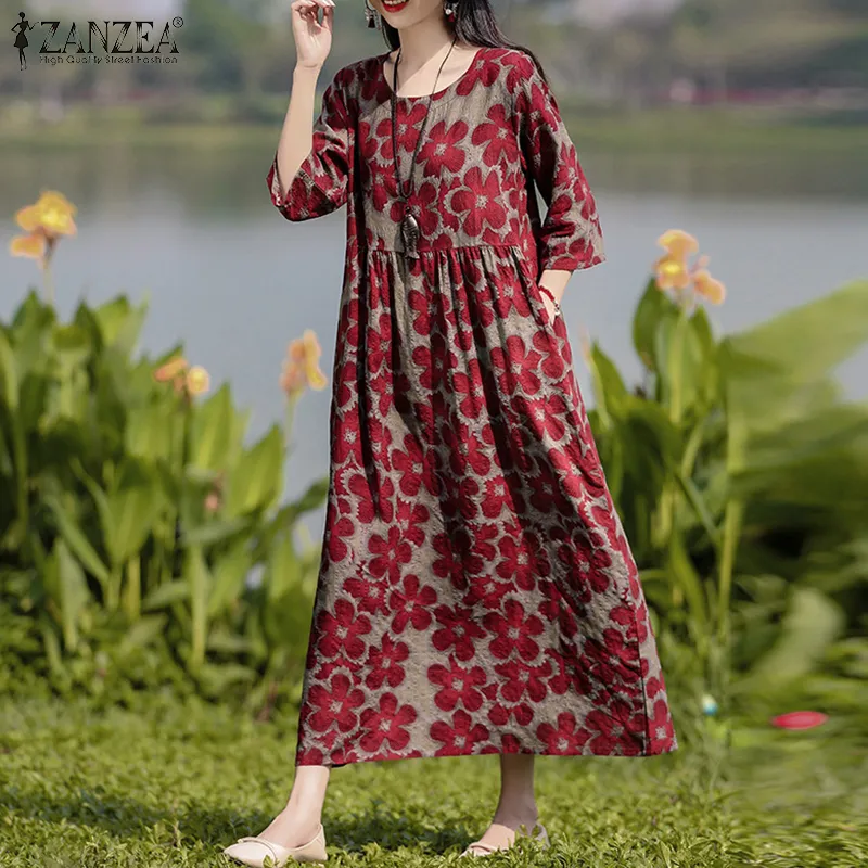 Esolo ZANZEA Women Vintage Cotton Floral Loose Maxi Dress 3/4