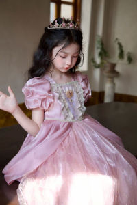 Girls Pink Princess Dress Puff Sleeve Lace Sequin Tulle Ball Gown Kids Birthday Party Flower Girl Wedding Formal Dress