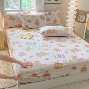 Capybara Bedsheet Washed Cotton Fitted Bedsheet Single/Queen/King Labubu Cartoon Fittedsheet with Garterized