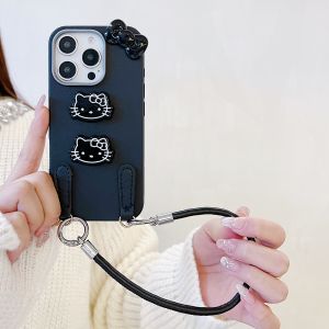 IPH 11 12 13 14 15 16 Pro Plus Max hello kitty ribbon strap leather soft phone case casing cover 手机壳