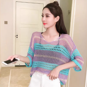 ⚡Port⚡blouses women new style 2025 Loose Thin Top Contrasting Color Striped Hollow-out Smock Knitted Sun Protection Smock
