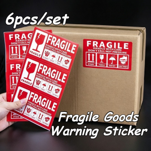 6Pcs/set Fragile Warning Stickers Waterproof Red Shipping Labels With Handle With Care & Symbols