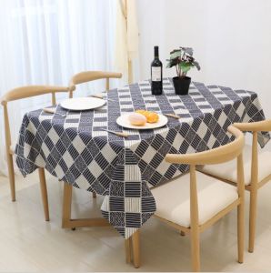Khăn trải bàn trà vải canvas có viền mép họa tiết kẻ chéo phong cách vintage [T014]
