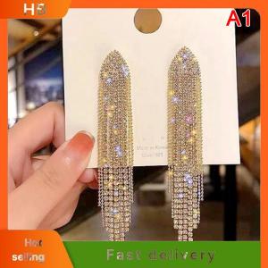 HB Long Tassel Full Rhinestone Drop Earrings For Women Ovsize Crystal Dangle Earrings Fashion Jewelry Accessories