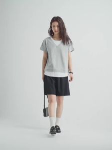Shipped from China [2025]GIORDANO WOMEN 100% Cotton fake 2-piece short sleeve tee 05325454
