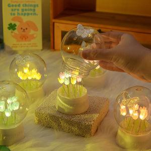 DIY Rose Tulip LED Night Light Crystal Ball Lamp Handmade Craft Simulation Flower Valentine Birthday Gift Lampu Bilik 夜灯