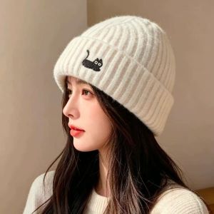 ADAM Cat Embroidered Knitted Woolen Hat Ear Protection Soft Warm Beanie Hat Plush Cycling Cap Women