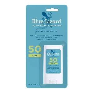 Blue Lizard Kids Mineral SPF 50 Sunscreen Stick Zinc Oxide 100% Mineral Actives Developed for Kids’ Sensitive Skin TSA-Friendly Vegan Paraben-free Fragrance-Free 0.5 oz    Zinc Oxide 100% Mineral Actives Water Resistant UVA/UVB Protection Veg