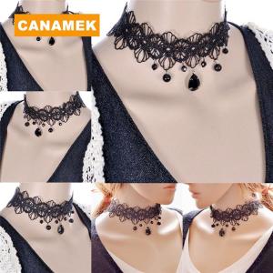 【CANAMEK】 Fashion Gothic Black Lace Retro Choker Collar Flower Pendant Necklace Jewelry