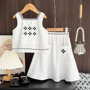Menoea Korean Version Girls Clothes Sets Summer New Sleeveless Square Neck Embroidered Top+short Skirt Two-piece Suits for Kids Clothing 3 to 7 Years Childrens Costumes Outfits