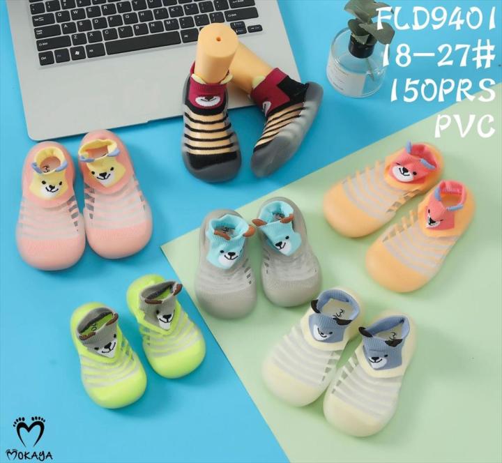 (FLD9401) Sepatu Anak Baby / Anak Cewek Cowok Prewalker Jelly Karet Anti Slip Motif Garis Bear Beruang Lucu Import Mokaya / Size 18-27