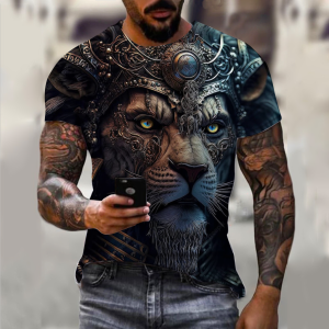 [Local Stock] VCC Summer Casual Mens T-shirts Funny 3D Lion Printed Short Sleeve Tees Hip Hop Trend Streetwear Fashion Tiger Pattern Men Clothing