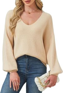 Womens Casual V Collared Pullover Sweater Lantern Sleeve Shirt Loose Basic Knitted Fashion Autumn Sweater Top