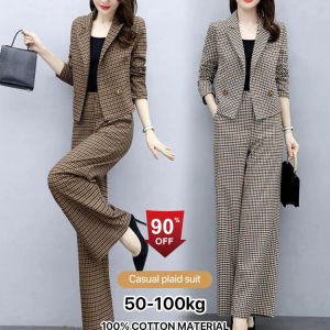 Womens Casual Plaid Wide Leg Suit Vintage Check Wide-leg SuitHigh Waist Slimming  Suitable For Various Occasions 女士套装