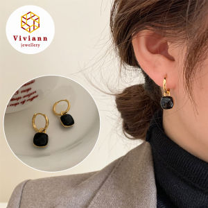 Viviann original creation sterling silver High quality Hetian Jade square Pendant Earrings New Girl Fashion Korean Jewelry For Women Gold Hoop Earrings Street Style Korean Fashion Jewelry