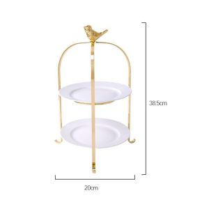Kitchen Plus BIRD 2 tier or 3 tier Gold Cake Stand with 8 inch Ceramic Plate KP394