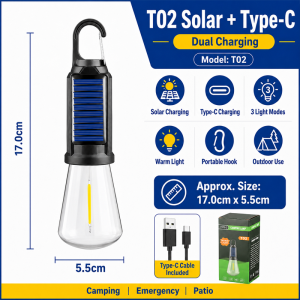 【Ready Stock】Solar Rechargeable Camping Light Bulb LED Lantern Waterproof Portable Tent Lamp With Hook Outdoor Hiking Emergency Light