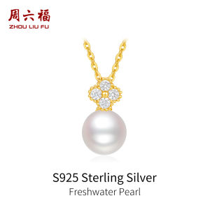 ZHOU LIU FU 周六福 S925 Sterling bạc nước ngọt Vòng Cổ Khuyên tai ngọc trai Zircon lập phương 18K mạ vàng chuỗi dây có thể điều chỉnh vòng ngọc trai Bộ trang sức cho phụ nữ cô ấy 40 + 5cm x0614581