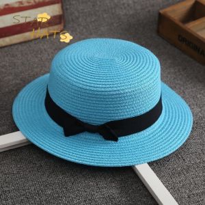 2025 New Womens Wide brimmed Flat Top Straw Hat Summer Sunscreen Vacation Bow Top Hat Womens Sunscreen Multi functional Beach Hat