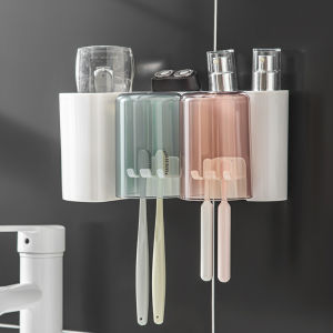 【Fans tone】Bathroom Storage Rack Toothbrush Holder Toothbrush Organizer Punch-free Wall Mounted Toothbrush Storage with Cups