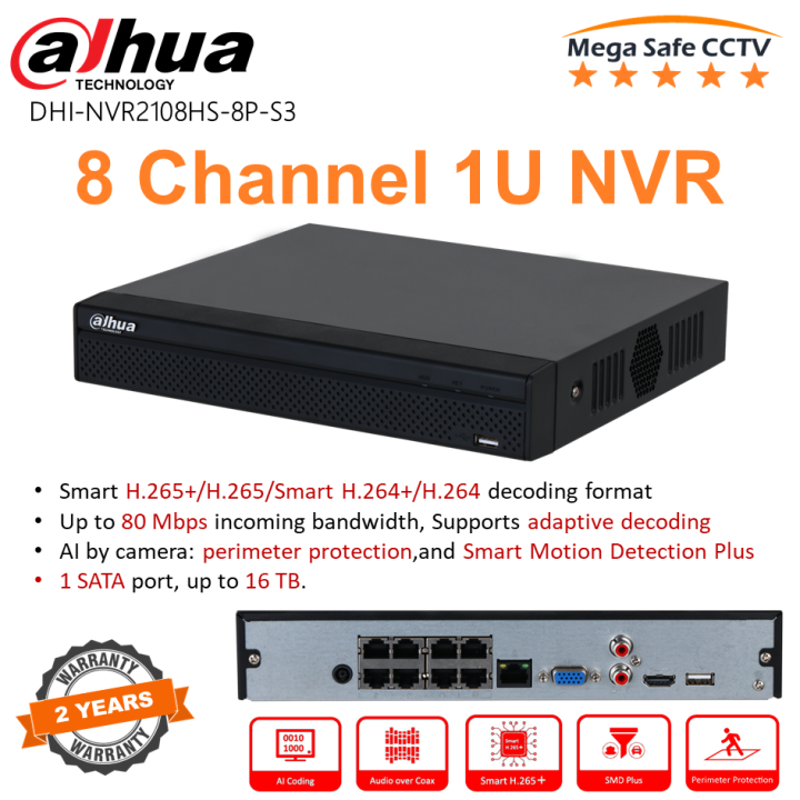 Dahua DHI-NVR2108HS-8P-S3 8CH 8PoE NVR, Smart 80Mbps Incoming  Bandwidth, 1U 1SATA, 1HDMI 1VGA Interfaces, Perimeter Protection, SMD  Plus